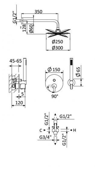 Душевая система со смесителем Cezares Leaf LEAF-DSIP-T-25-SS монтаж встраиваемая  в стену с термостатом sunset