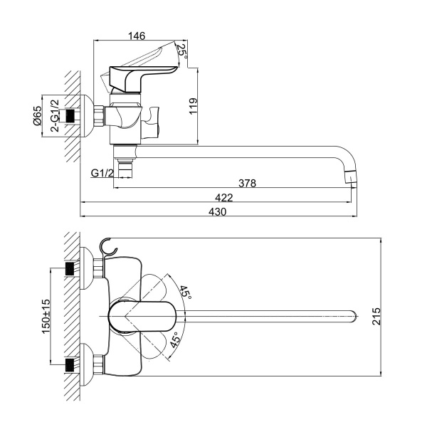Смеситель для ванны или душа D&K Venice DA1033301 настенный 
без термостата хром