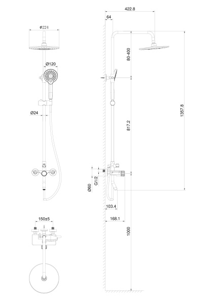 Душевая система со смесителем Wonzon &amp; Woghand Cloud WW-N3S962-CR монтаж настенная без термостата хром