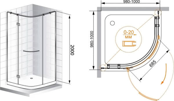 Душевой угол Cezares Bergamo BERGAMO-W-R-1-100-ARCO-C-Cr-L-IV четверть круга  стекла , профиль 