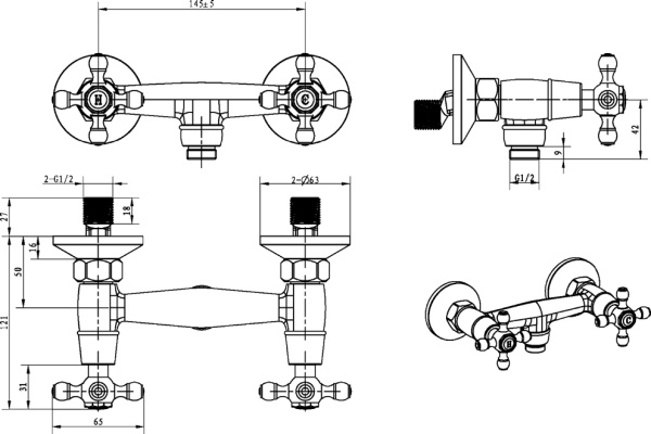 Смеситель для душа Boheme Royal Cristal 294-Royal/CRST настенный 
без термостата золото