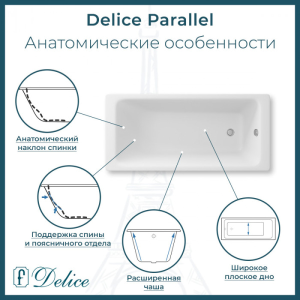 Чугунная ванна пристенная Delice Parallel DLR220506-AS 180x80 прямоугольная цвет белый