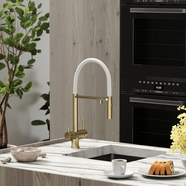 Смеситель для кухни Sancos Imola SC4010BG с подключением к фильтру брашированное золото/белый