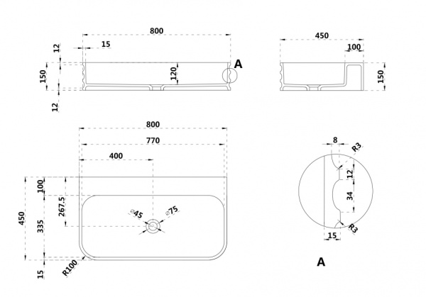 Раковина подвесная прямоугольная Abber STEIN AS2651-0.8 искусственный камень цвет белый матовый