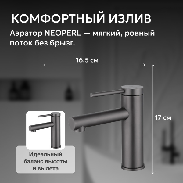 Смеситель для умывальника однорычажный Abber Emotion AF8810NG на раковину оружейная сталь без донного клапана