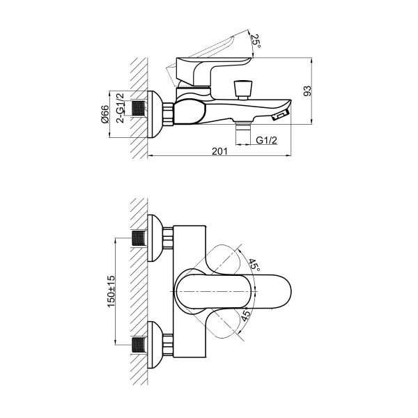 Смеситель для ванны или душа D&K Venice DA1033201 настенный 
без термостата хром