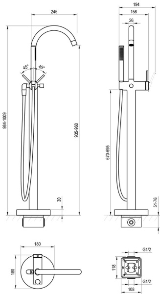 Смеситель для ванны Ravak Freedom X070437 напольный 
без термостата черный матовый