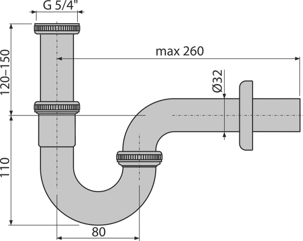 Сифон для умывальника Ø32, U-форма, цельнометаллический, с накидной гайкой 5/4", арт. A4320