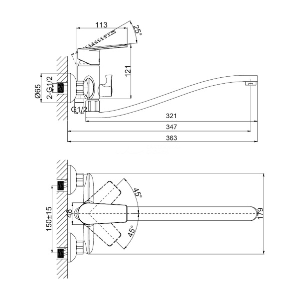 Смеситель для ванны или душа D&K Rhein DA1323341 настенный 
без термостата хром