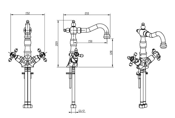 Смеситель для раковины Boheme Royal Cristal 292-Royal/CRST black золото