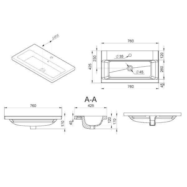 Раковина мебельная прямоугольная Am.Pm Gem M90WCC0752BM фарфор цвет черный матовый